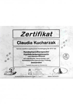2011-Zertifikat Hundephysiotherapeutin Claudia Kucharzak